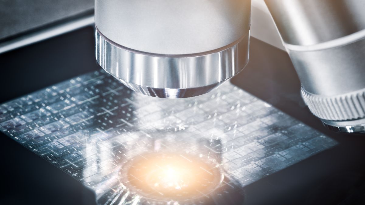 Ein Mikroskop fokussiert auf eine leuchtende Struktur